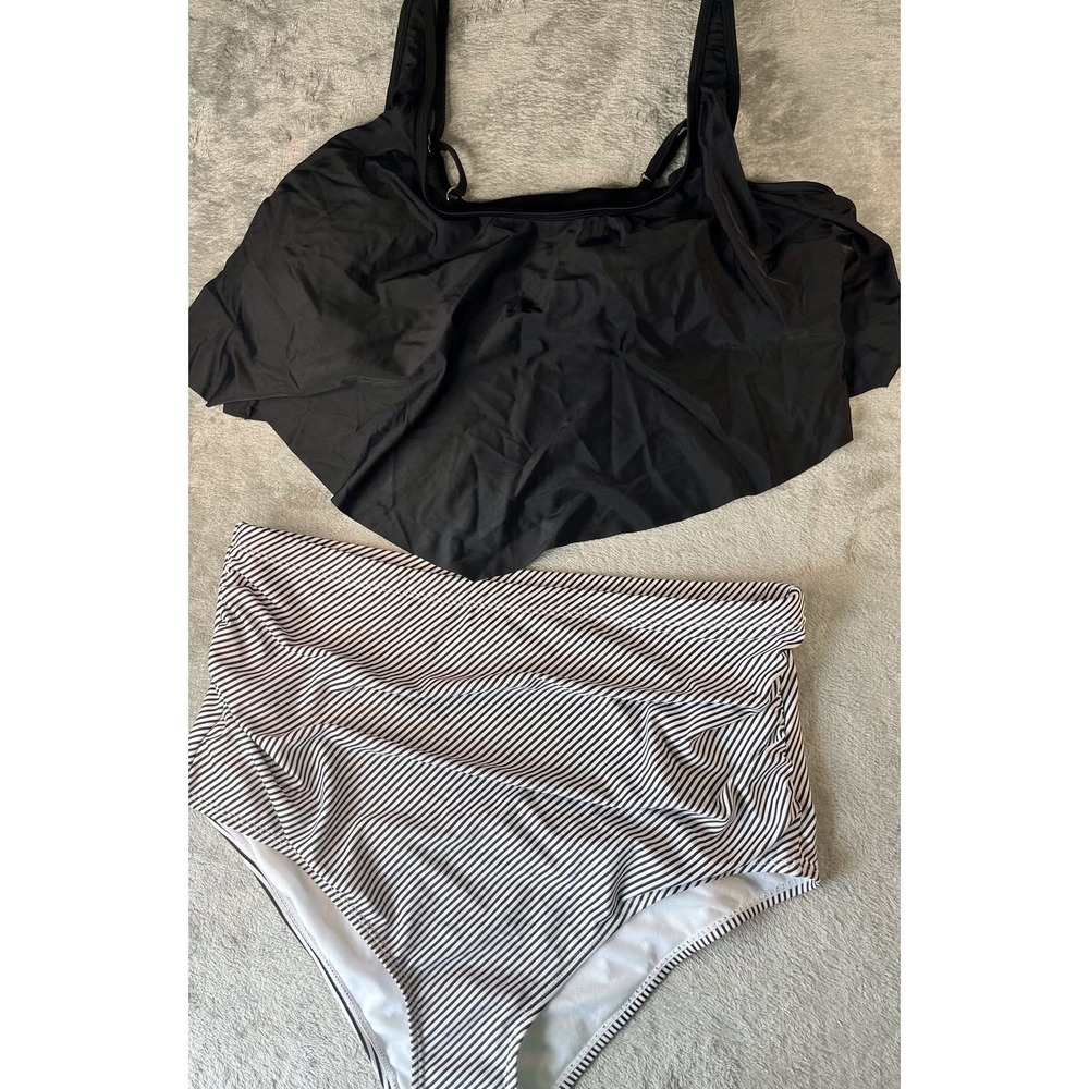 New YoMoko Black‎ Ruffle Tankini Top & Striped High Waist Swimsuit Bottoms